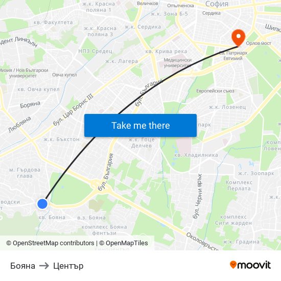 Бояна to Център map