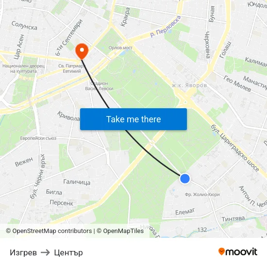 Изгрев to Център map
