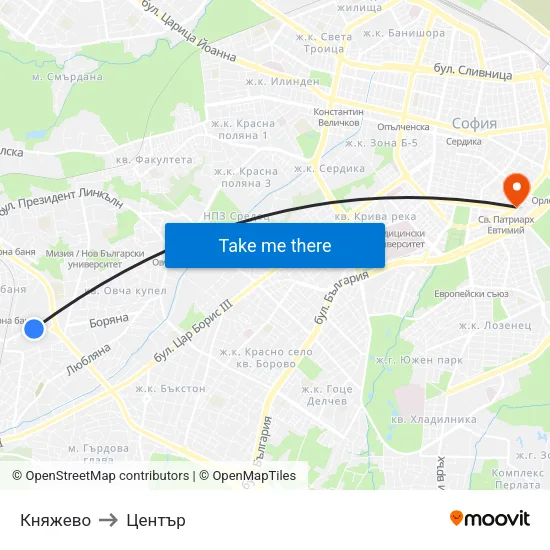 Княжево to Център map