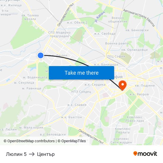 Люлин 5 to Център map