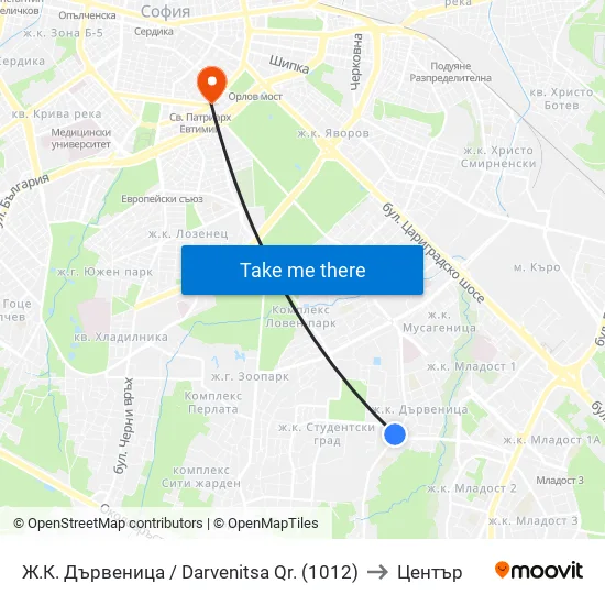 Ж.К. Дървеница / Darvenitsa Qr. (1012) to Център map