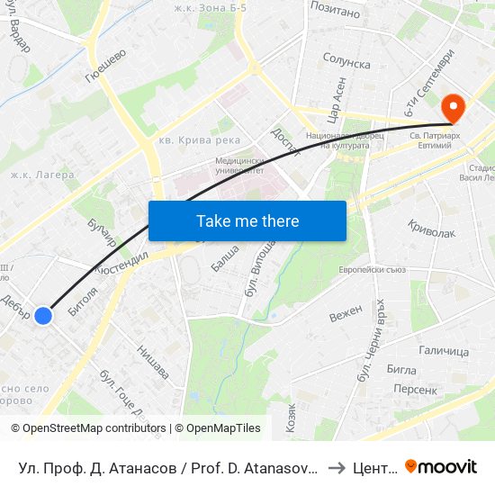 Ул. Проф. Д. Атанасов / Prof. D. Atanasov St. (2134) to Център map