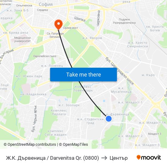 Ж.К. Дървеница / Darvenitsa Qr. (0800) to Център map
