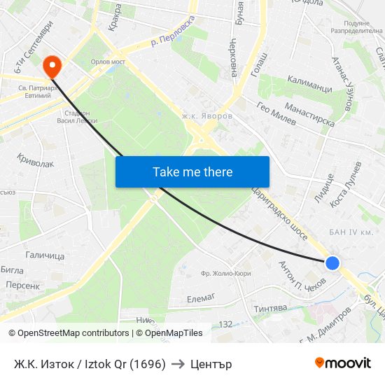 Ж.К. Изток / Iztok Qr (1696) to Център map