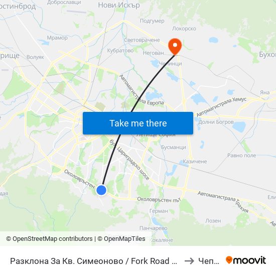 Разклона За Кв. Симеоново / Fork Road To Simeonovo Qr. (1459) to Чепинци map