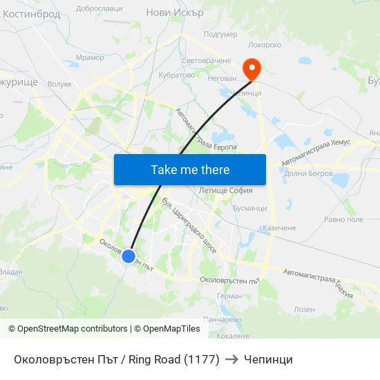 Околовръстен Път / Ring Road (1177) to Чепинци map