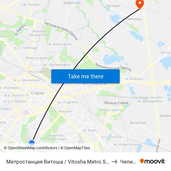 Метростанция Витоша / Vitosha Metro Station (2755) to Чепинци map