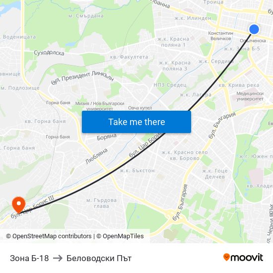 Зона Б-18 to Беловодски Път map