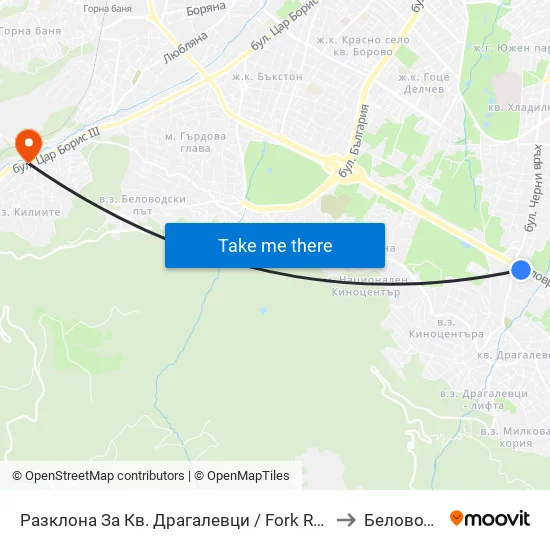 Разклона За Кв. Драгалевци / Fork Road To Dragalevtsi Qr. (1457) to Беловодски Път map