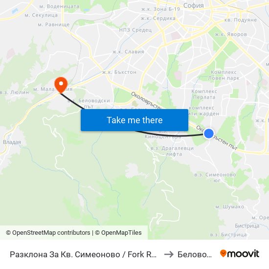 Разклона За Кв. Симеоново / Fork Road To Simeonovo Qr. (1458) to Беловодски Път map