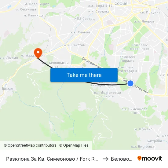 Разклона За Кв. Симеоново / Fork Road To Simeonovo Qr. (1458) to Беловодски Път map