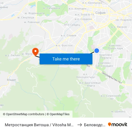 Ⓜ️ Метростанция Витоша / Vitosha Metro Station (2654) to Беловодски Път map