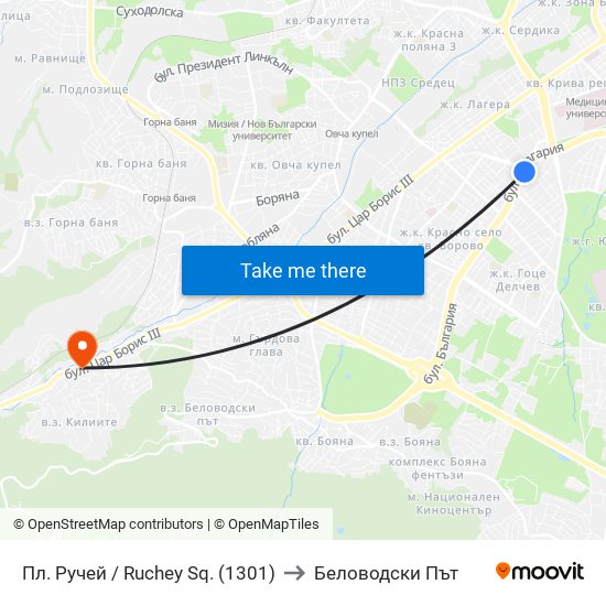 Пл. Ручей / Ruchey Sq. (1301) to Беловодски Път map