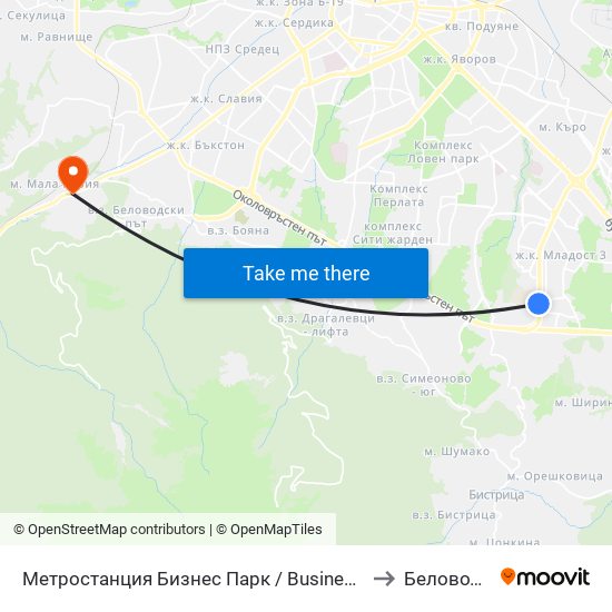 Метростанция Бизнес Парк / Business Park Metro Station (2490) to Беловодски Път map