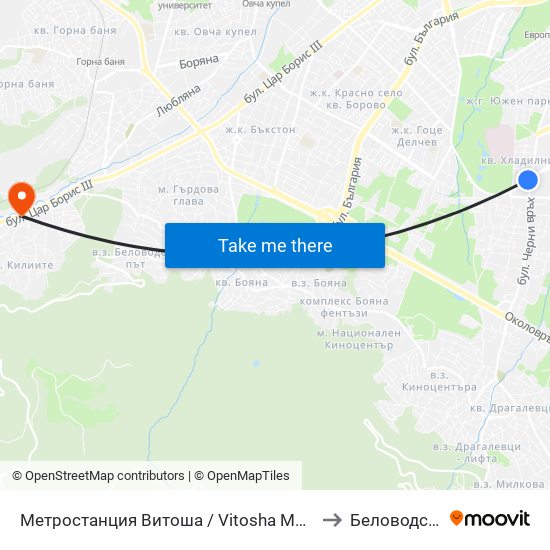 Метростанция Витоша / Vitosha Metro Station (2755) to Беловодски Път map