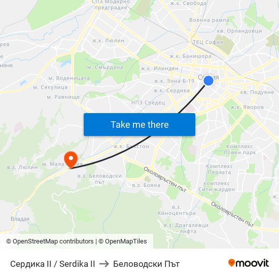 Сердика II / Serdika II to Беловодски Път map