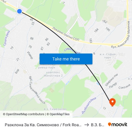 Разклона За Кв. Симеоново / Fork Road To Simeonovo Qr. (1459) to В.З. Бункера map
