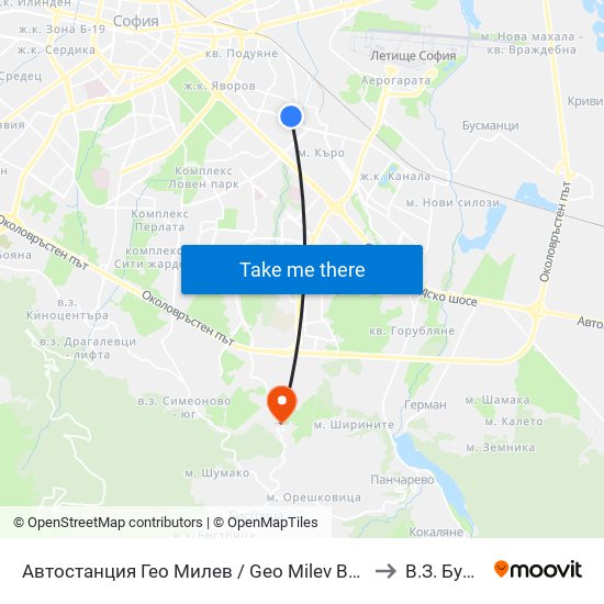 Автостанция Гео Милев / Geo Milev Bus Station (0052) to В.З. Бункера map