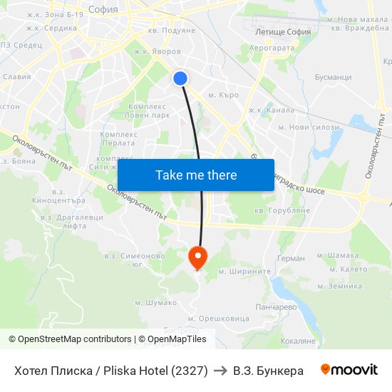 Хотел Плиска / Pliska Hotel (2327) to В.З. Бункера map