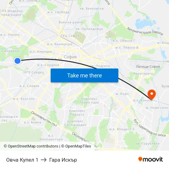 Овча Купел 1 to Гара Искър map