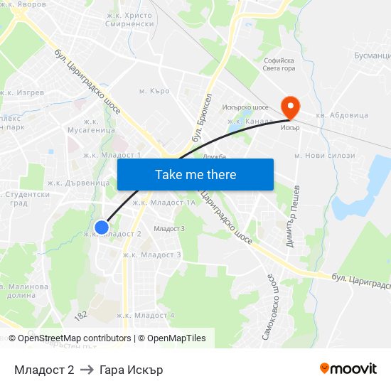 Младост 2 to Гара Искър map