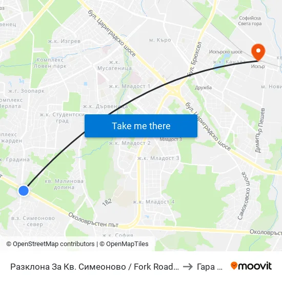 Разклона За Кв. Симеоново / Fork Road To Simeonovo Qr. (1459) to Гара Искър map