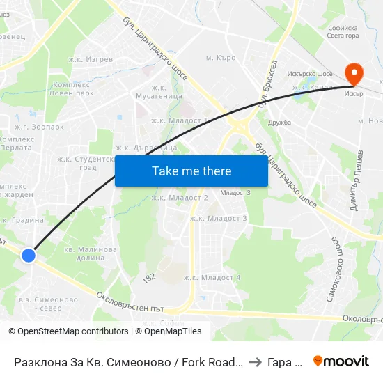 Разклона За Кв. Симеоново / Fork Road To Simeonovo Qr. (1458) to Гара Искър map