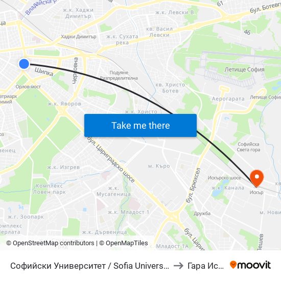 Софийски Университет / Sofia University (1699) to Гара Искър map