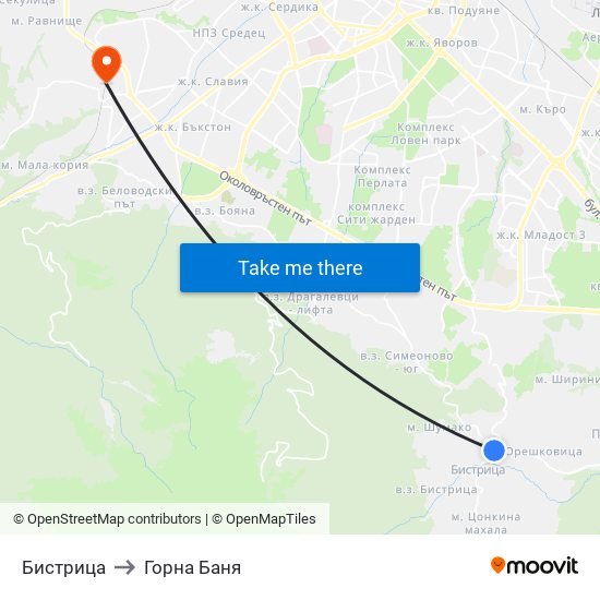 Бистрица to Горна Баня map