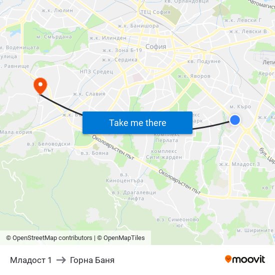 Младост 1 to Горна Баня map