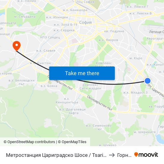 Метростанция Цариградско Шосе / Tsarigradsko Shosse Metro Station (1016) to Горна Баня map