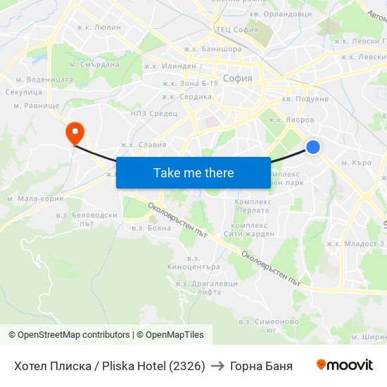 Хотел Плиска / Pliska Hotel (2326) to Горна Баня map