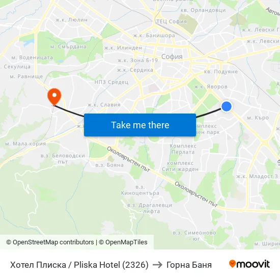 Хотел Плиска / Pliska Hotel (2326) to Горна Баня map