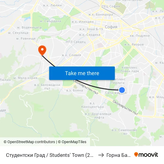 Студентски Град / Students' Town (2382) to Горна Баня map