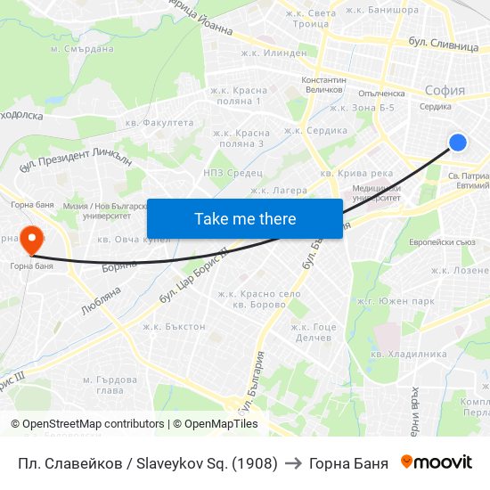 Пл. Славейков / Slaveykov Sq. (1908) to Горна Баня map