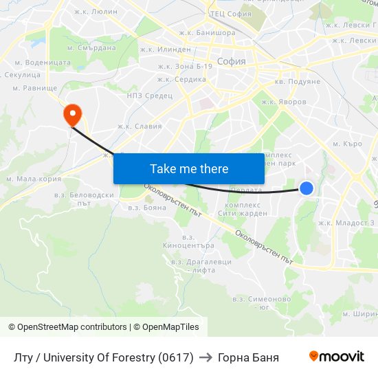 Лту / University Of Forestry (0617) to Горна Баня map