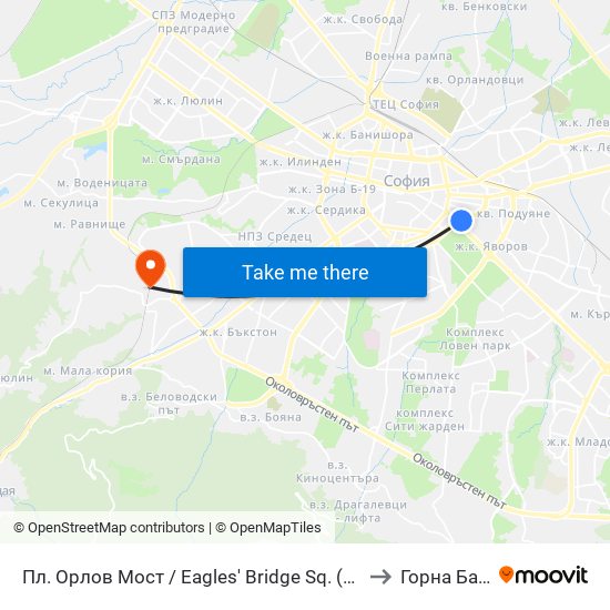 Пл. Орлов Мост / Eagles' Bridge Sq. (1290) to Горна Баня map