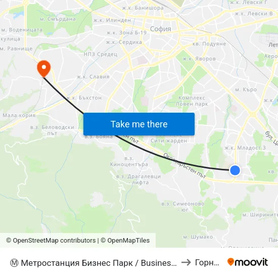 Ⓜ️ Метростанция Бизнес Парк / Business Park Metro Station (2490) to Горна Баня map