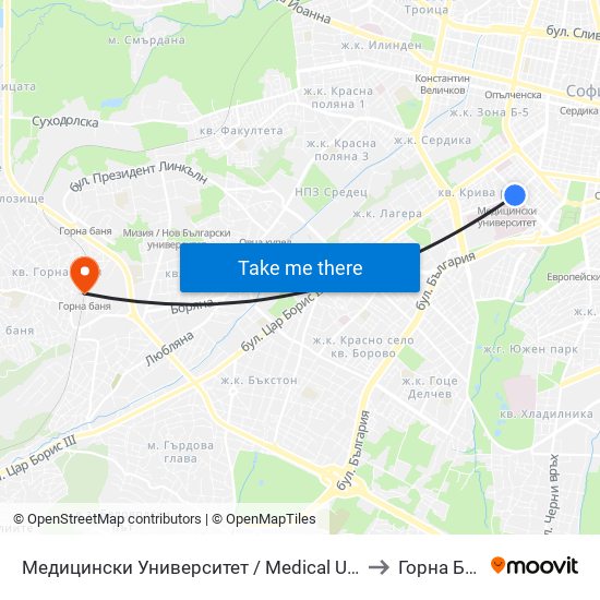 Медицински Университет / Medical University to Горна Баня map