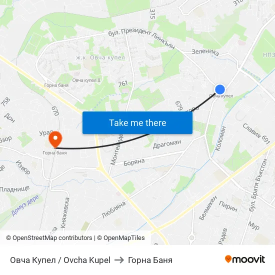 Овча Купел / Ovcha Kupel to Горна Баня map