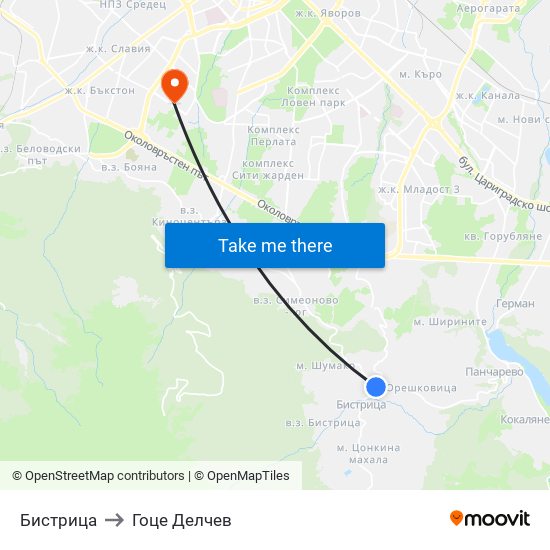 Бистрица to Гоце Делчев map