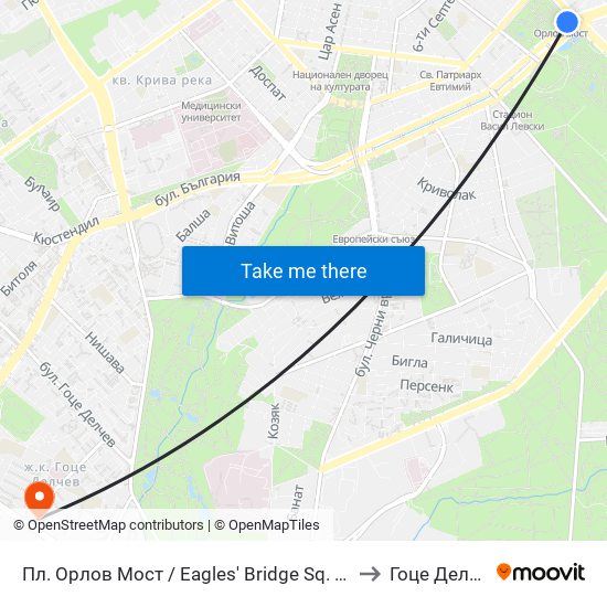 Пл. Орлов Мост / Eagles' Bridge Sq. (1289) to Гоце Делчев map