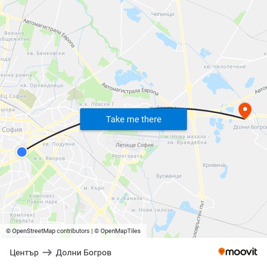Център to Долни Богров map