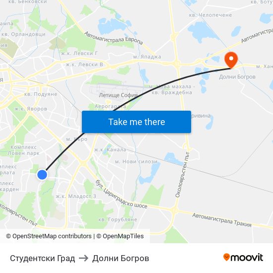 Студентски Град to Долни Богров map