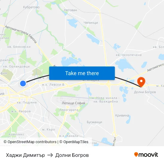 Хаджи Димитър to Долни Богров map
