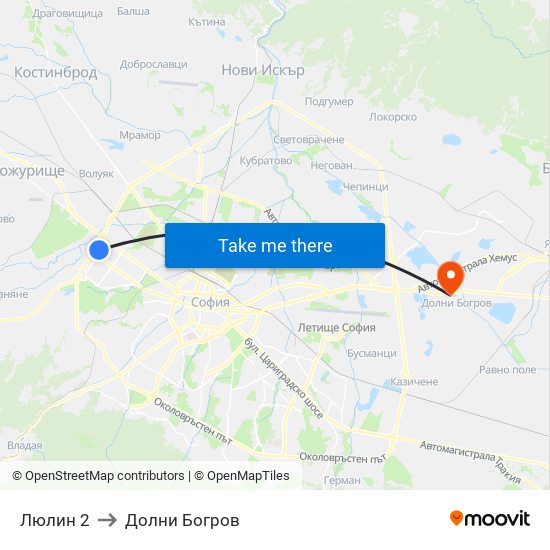 Люлин 2 to Долни Богров map