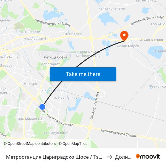 Метростанция Цариградско Шосе / Tsarigradsko Shosse Metro Station (1016) to Долни Богров map