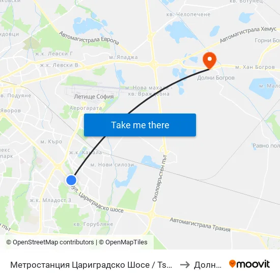 Ⓜ️ Метростанция Цариградско Шосе / Tsarigradsko Shosse Metro Station (1016) to Долни Богров map