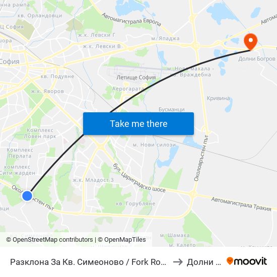 Разклона За Кв. Симеоново / Fork Road To Simeonovo Qr. (1459) to Долни Богров map