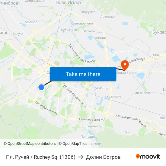Пл. Ручей / Ruchey Sq. (1306) to Долни Богров map